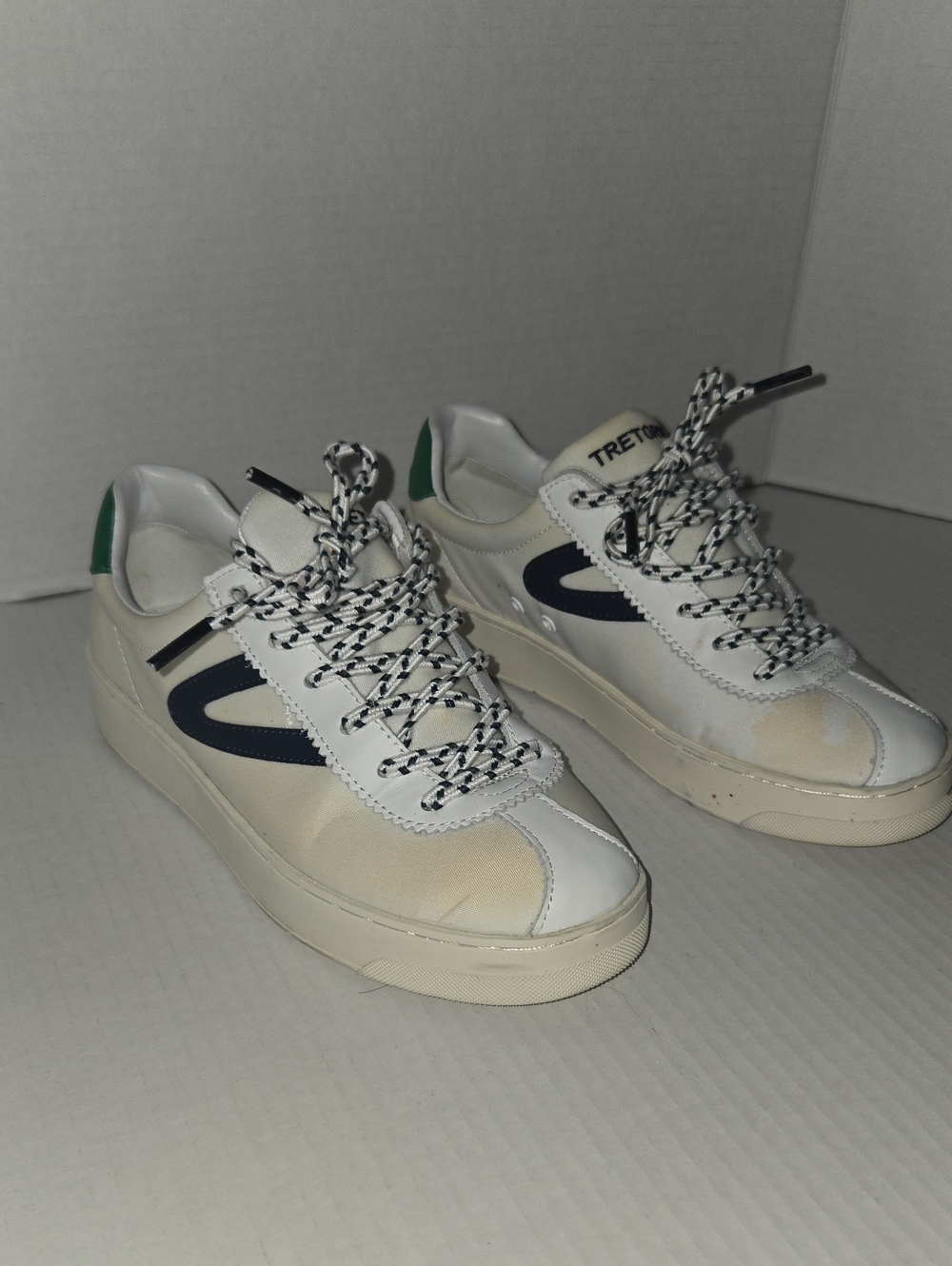 Tretorn Cream Leather Sneakers with Navy and Green Accents